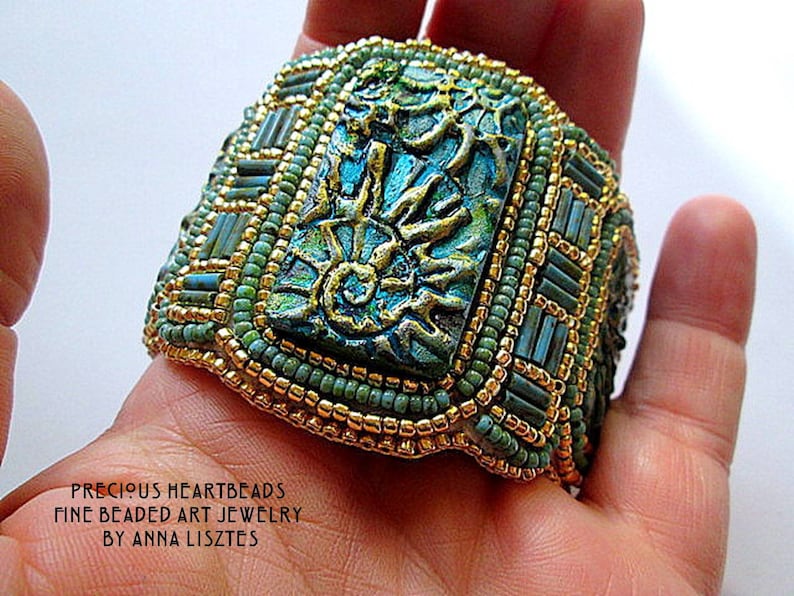 Sparkling Spirals Bead Embroidery Bracelet Cuff KIT DIY limited edition Turquoise Teal Gold image 6