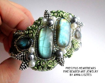 Enchanted Forest - Bead Embroidery Bracelet Cuff with Labradorites and pearls