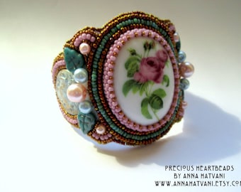 Tutorial Beading Pattern Bead embroidery bracelet (Instructions only) - Bracelet Cuff Shabby Rose