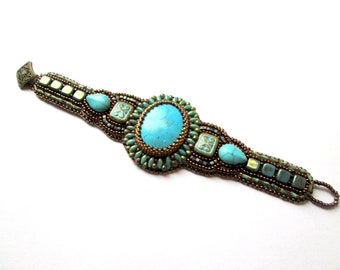 Turquoise "Antique Tiles"  Bead Embroidery Bracelet Cuff
