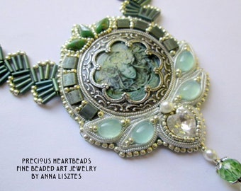 Chrysolite Bead Embroidery Necklace - Silver light green with Crystals and Aventurine