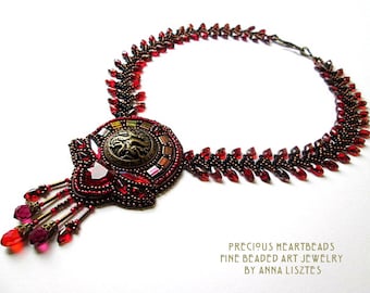 Passion Bead Embroidery Necklace - Ruby Red Bronze with Crystals and Dragon