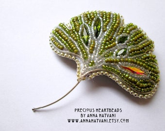 Beaded Brooch Pin DIY Kit, Beading Pattern and Material, Bead Embroidery Tutorial - Ginko - Touch of Spring