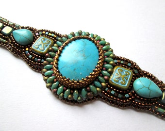 KIT - DIY Bead Embroidery Bracelet KIT (limited edition) - Turquoise "Antique Tiles"  Bead Embroidery Bracelet Cuff