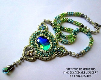 KIT - DIY Bead Embroidery Necklace Kit - Beading Pattern (Instruction and Materials) - Atlantis Crystal Necklace Green Blue
