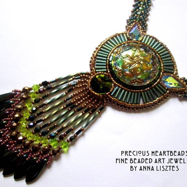 Bead Embroidery necklace green gold olive - Bead Embroidered - Made to Order