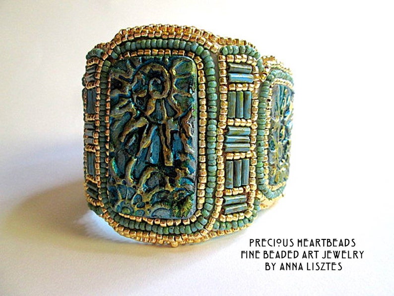 Sparkling Spirals Bead Embroidery Bracelet Cuff KIT DIY limited edition Turquoise Teal Gold image 10