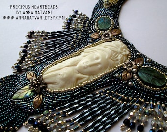 Lady and the Wolf -  Bead Embroidery Art Neck Piece- Collar - Midnight Blue with Labradorite and Carved Bone