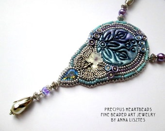 Fairy Bead Embroidery Necklace - Silver turquoise purple with Crystal