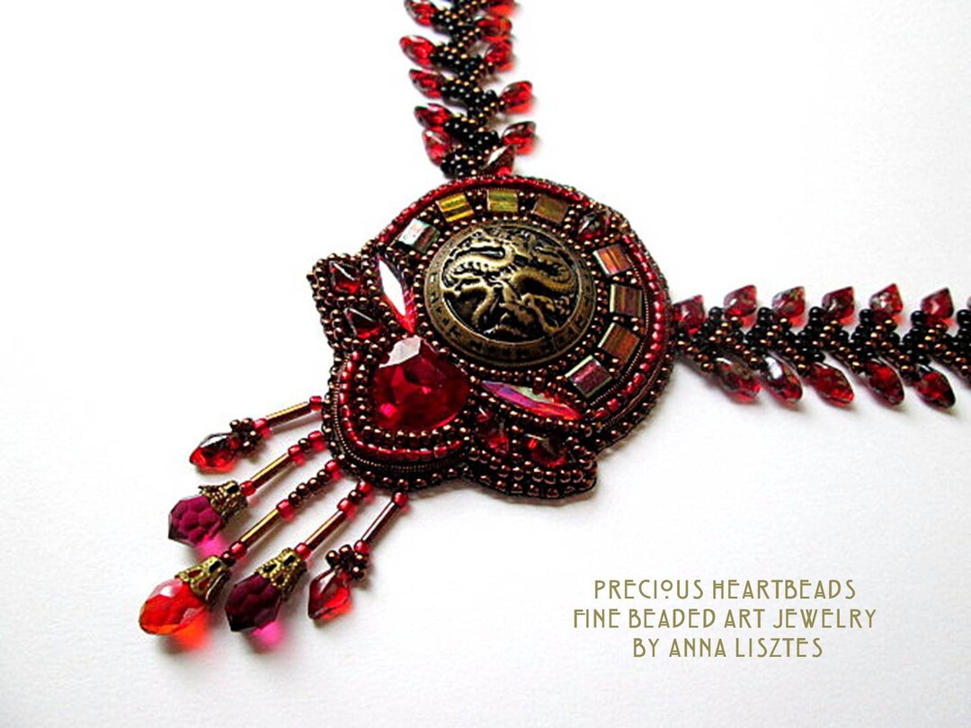 KIT DIY Bead Embroidery Necklace Kit Jewelry Making Ruby Red Gold