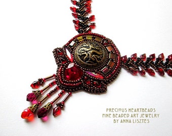 KIT - DIY Bead Embroidery Necklace Kit - jewelry making - Ruby red gold bronze black - Passion