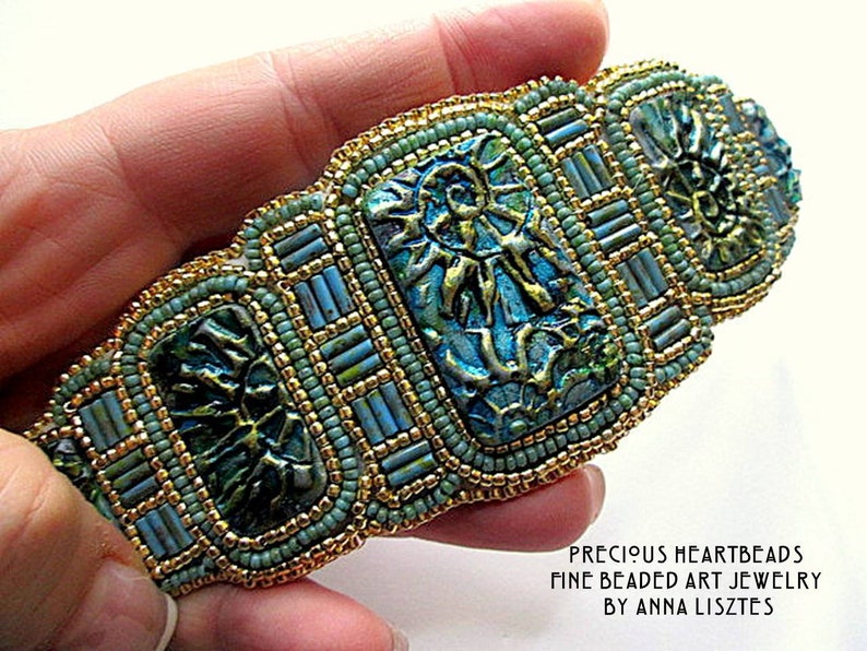 Sparkling Spirals Bead Embroidery Bracelet Cuff KIT DIY limited edition Turquoise Teal Gold image 2