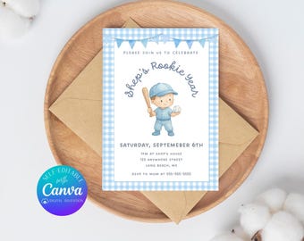 Rookie Year Preppy First Birthday Invitation Digital Template Sports 1st Birthday Invitation Boy Printable Baseball, Rookie of the Year