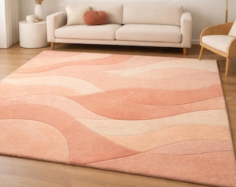 Hand Tufted Abstract Wool Area Rug, Blush Pink Modern Rug, Contemporary Wave Pattern Carpet, Handmade Wool Area Rug