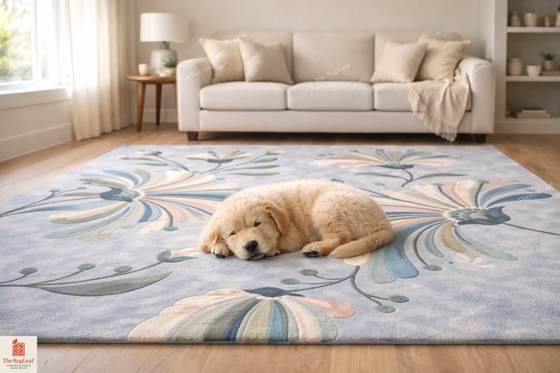 Relaxed Rugs Blue Floral Tufted Rug, Handmade Wool Area Rug, Botanical Flower Carpet ...