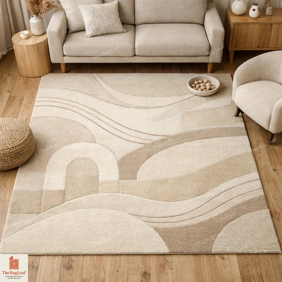 Abstract Wool Tufted Rug | Beige & Cream Geometric Cut Pile - Etsy
