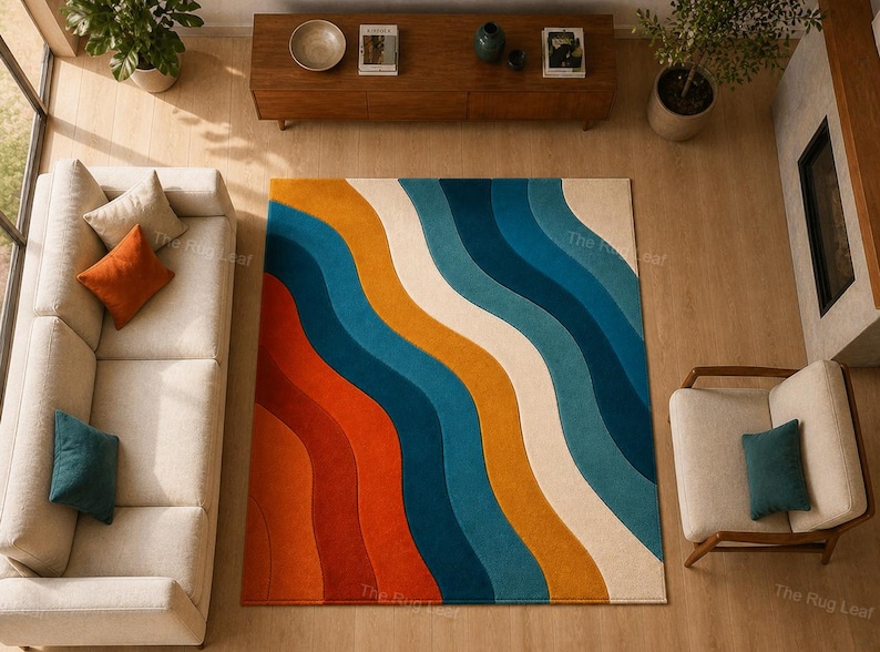 Hand Tufted Abstract Wave Rug, Modern Wool Area Rug, Geometric Wavy ...