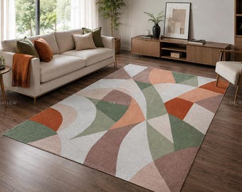 Earth Tone Geometric Rug – Beige, Rust, Green & Brown Abstract Shapes for Modern Interior Decor