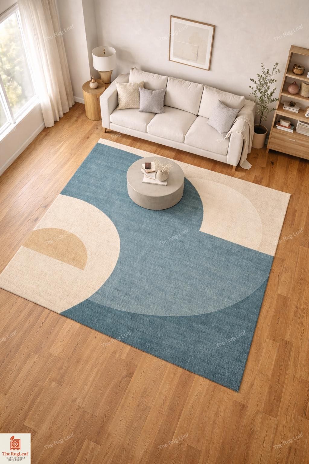 Teal Blue Abstract Wool Area Rug, Mod...