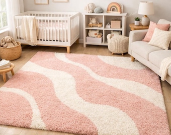 Pink Wave Tufted Area Rug, Soft Modern Bedroom Rug, Abstract Nursery Carpet, Handmade Contemporary Home Decor