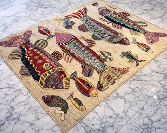 Hand Knotted Fish Rug, Colorful Ocean Theme Area Rug, Handmade Nautical Wool Carpet, Artistic Marine Decor Rug, Kids Room Statement Rug