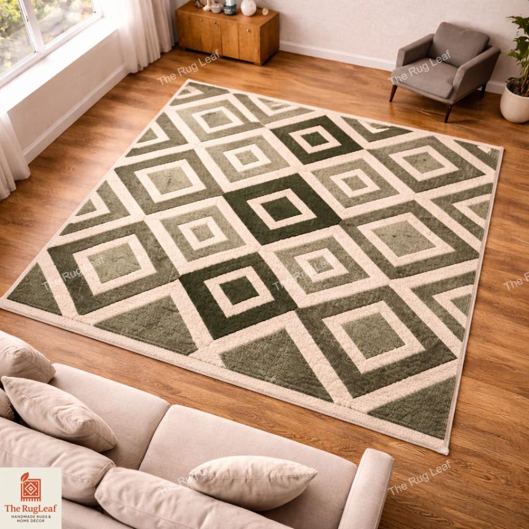 Modern Diamond Pattern Area Rug – Green Beige Geometric Carpet - Etsy