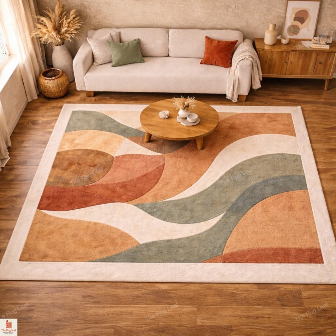 Handmade Tufted Rug – Abstract Green Beige Yellow Landscape Design With ...