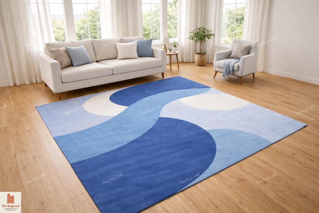 Hand Tufted Wool Area Rug: Abstract Blue Modern Carpet - Etsy