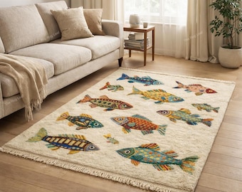 Hand Knotted Fish Rug, Coastal Area Rug, Ocean Inspired Wool Carpet, Nautical Living Room Rug, Artisan Home Decor