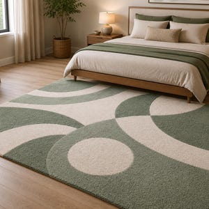 May include: A rectangular area rug featuring a geometric pattern of overlapping circles and arcs in sage green and cream. The rug has a textured, plush pile surface and is positioned on a light wood floor in a bedroom setting with neutral tones.