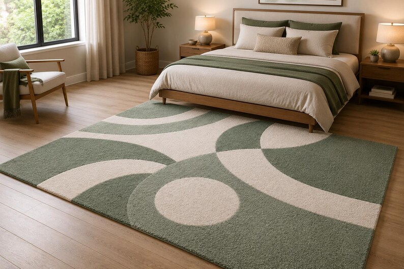 May include: A rectangular area rug featuring a geometric pattern of overlapping circles and arcs in sage green and cream. The rug has a textured, plush pile surface and is positioned on a light wood floor in a bedroom setting with neutral tones.