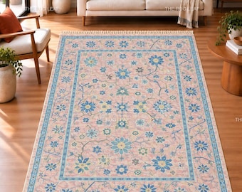 Tapis en laine floral rose noué à la main, tapis botanique fait main, tapis pastel doux, décoration de salon de chambre à coucher de luxe
