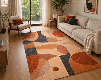 Hand Tufted Abstract Wool Rug, Modern Geometric Area Rug, Terracotta Orange Brown Cream Carpet, Contemporary Handmade Home Decor