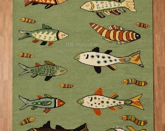 Colorful Fish Hand Knotted Rug, Nautical Wool Area Rug, Coastal Ocean Carpet, Folk Art Fish Rug, Handmade Marine Decor