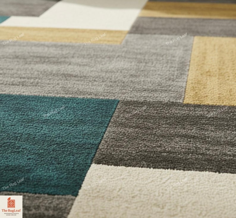 May include: Close-up of a modern area rug with a geometric pattern. The rug features rectangular blocks in shades of gray, teal, beige, and gold. The texture of the rug is visible, suggesting a soft, comfortable material. The Rug Leaf logo is in the bottom left corner.