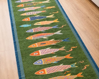 Handgeknüpfter Wollteppich, Küstenfischmuster, Grün
