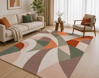 Earth Tone Geometric Rug – Beige, Rust, Green & Brown Abstract Shapes for Modern Interior Decor