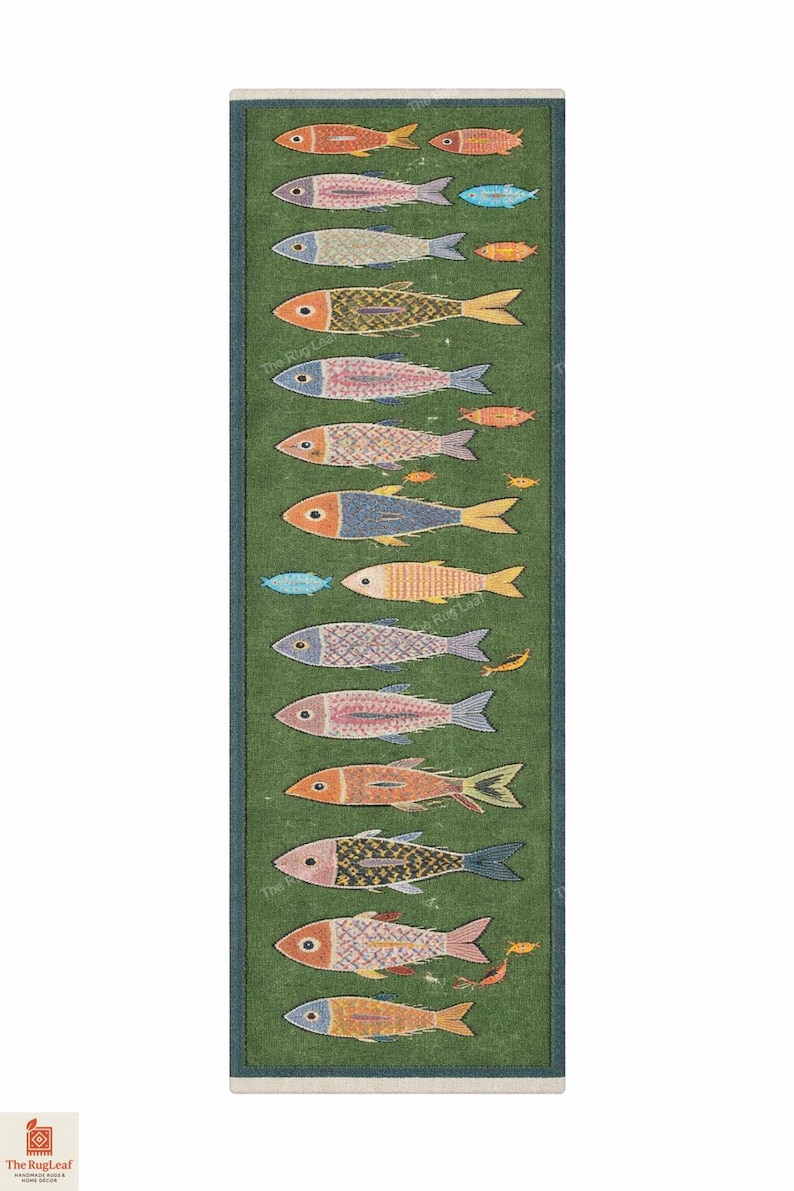Hand Knotted Wool Runner Rug, Coastal Fish Pattern, Green Decor - Etsy