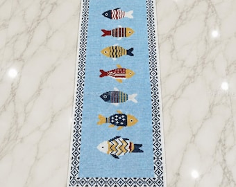 Handgeknüpfter Fischläufer - Blauer & Gelber Wollteppich für den Flur