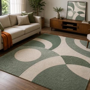 May include: A rectangular area rug featuring a geometric pattern of large sage green and cream-coloured interlocking circles and semi-circles. The rug has a textured, plush pile surface and is positioned on a dark wood floor in a living room.