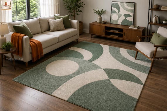 Hand Tufted Green Area Rug, Handmade Wool Rug, Modern Abstract Geometric Carpet, Sage Green Cream Rug, Contemporary Living Room Decor