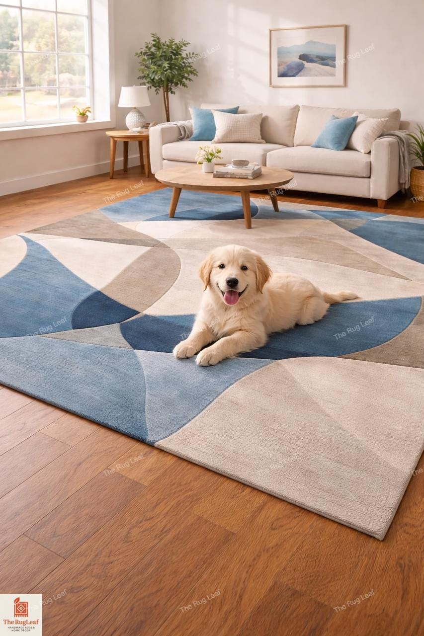 Hand Tufted Wool Area Rug: Modern Abstract Blue Beige Carpet - Etsy