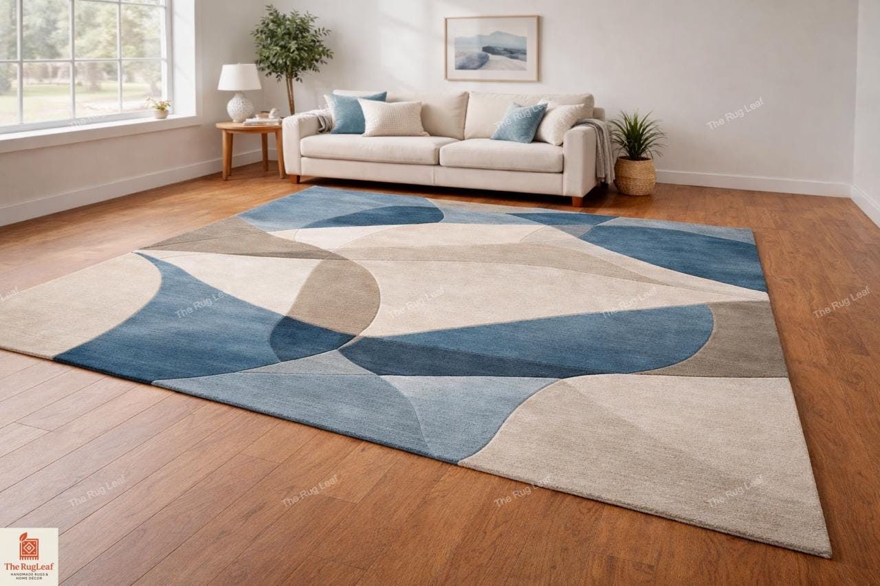 Hand Tufted Wool Area Rug: Modern Abstract Blue Beige Carpet - Etsy