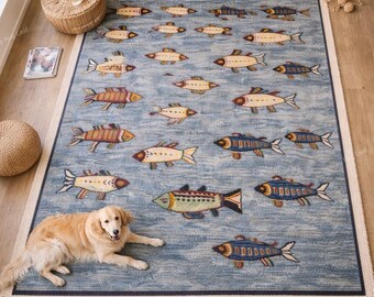 Hand Knotted Fish Area Rug, Coastal Blue Wool Carpet, Nautical Handmade Rug, Ocean Inspired Living Room Decor
