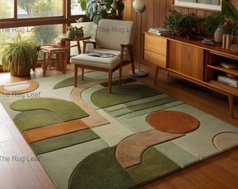 Hand Tufted Abstract Area Rug, Modern Geometric Wool Rug, Sage Green Terracotta Carpet, Contemporary Handmade Rug