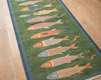 Hand Knotted Wool Runner Rug, Coastal Fish Pattern, Green Decor