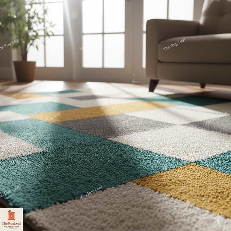 May include: Geometric patterned area rug with teal, yellow, gray, and white rectangular shapes. The rug is made of a textured material and is placed on a wooden floor. The Rug Leaf logo is in the bottom left corner.