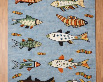 Colorful Fish Hand Knotted Rug, Nautical Wool Area Rug, Coastal Ocean Carpet, Folk Art Fish Rug, Handmade Marine Decor