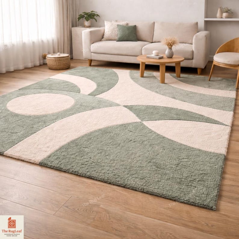 May include: A rectangular area rug featuring a geometric pattern of large, interlocking sage green and cream-coloured circular and curved shapes. The rug has a textured, tufted pile surface and is laid flat on a light-toned wooden floor.