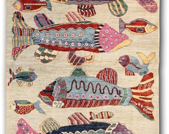 Hand Knotted Fish Rug, Colorful Ocean Theme Area Rug, Handmade Nautical Wool Carpet, Artistic Marine Decor Rug, Kids Room Statement Rug